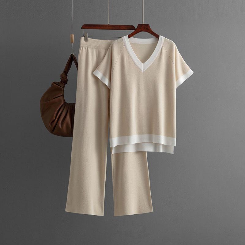 Simple and Fashionable Collar Short-sleeved Knitted Sweater High Waist and Thin Drape Trousers Contrasting Color Knitted Two-piece Set