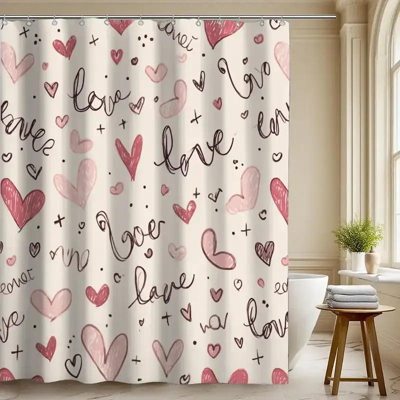 Love Heart Shower Curtain 1Pc – Hand-Drawn Words & Pink Hearts, Romantic Script Art For Valentine’S Day Or Bedroom Decor