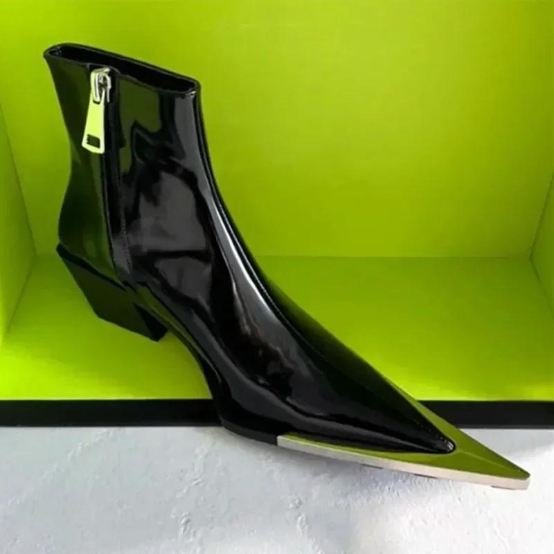Chelsea-Stiefel mit Metallspitze, für Damen, Herbst und Winter, klobiger Absatz, kurzer Stiefel mit Reißverschluss, Punk-Stil, Damenstiefel, Designer-Stiefeletten im Street-Style