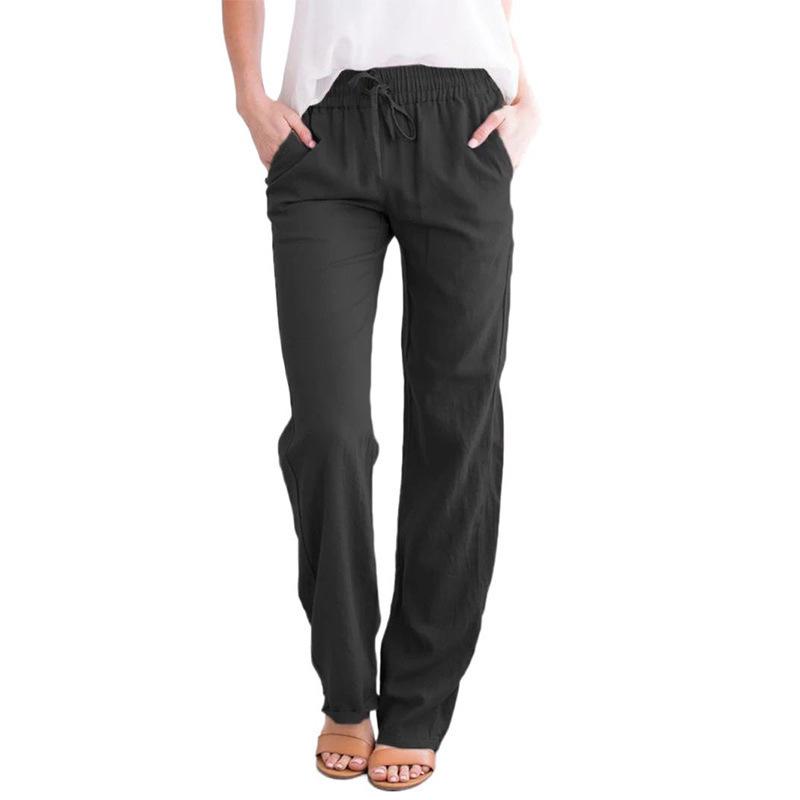 2026 Spring/Summer Women's Solid Color Cotton Linen Drawstring Wide-Leg Casual Pants