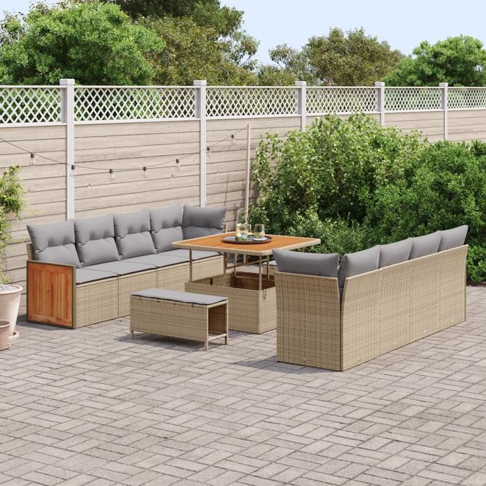 Ensemble de Canapés de Jardin de 11 pièces avec Coussins Beige en Rattan Synthétique Acacia 3363287