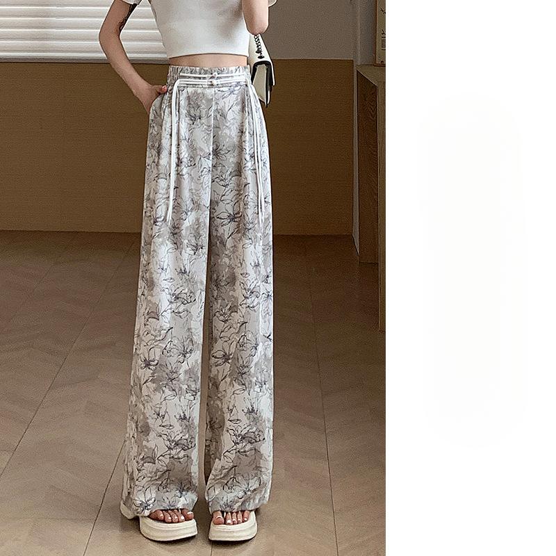 Ice Silk Wide-leg Pants for Women In Summer High-Waist Drooping Ink Tie-dye Latest Chinese Zen Pants Lazy Everyday Floor Sun Protection Pants