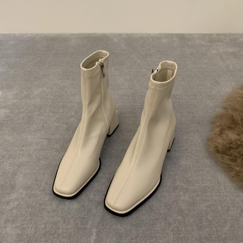 High Heel Square Head Elastic Skinny French Short Boots Women's Shoes Season Brown Martin Boots Single Boots