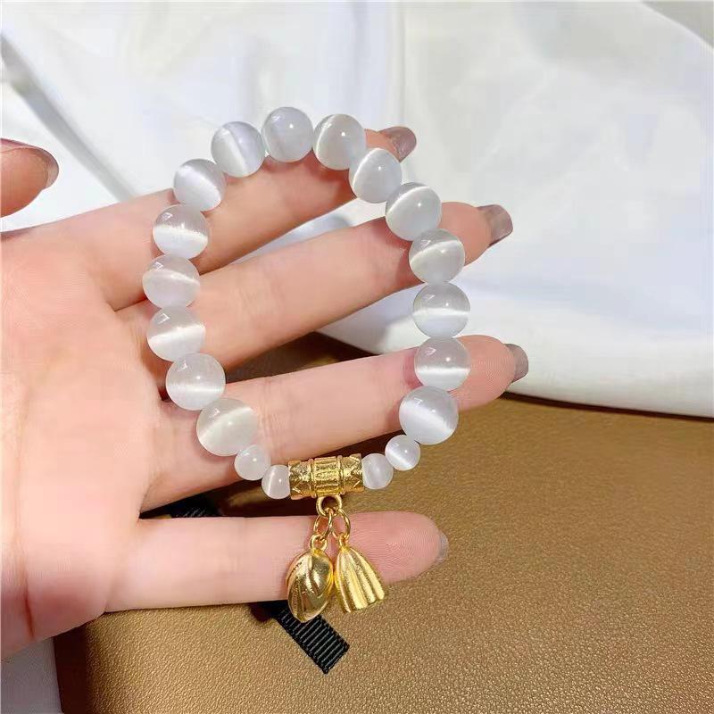 Cat s Eye Lotus Pod Gold Beaded Bracelet - Women s Lucky Bangle Jewelry