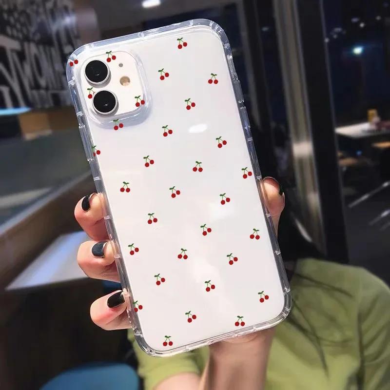INS Korejský průhledný kryt na telefon s červenými třešněmi pro iPhone 15 14 13 12 11 Pro Max XR 16 Plus Kawaii Ovocný svěží kryt Dárek pro dívky
