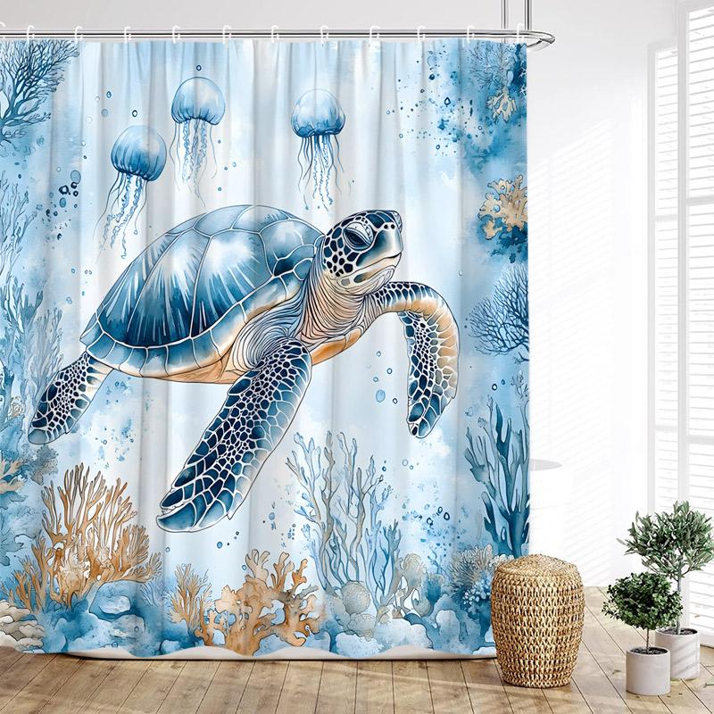 Beach Floral Conch Shower Curtains Watercolour Roses Flowers Starfish Seashells Ocean Waves Scenery Cloth Bathroom Curtain Decor