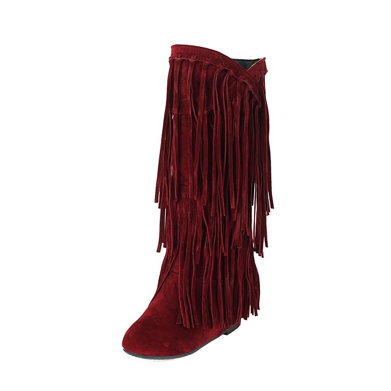 2025 Plus Size Cow Suede Material Tassel Women's Mid-Calf Boots Flat Wedge Heel Short Plush Lining Winter Show Flock Tassel Boot