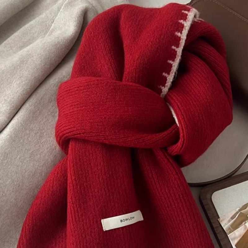 Women's Christmas Red Lockstitch Wool Knitted Scarf Winter Student Couple High End Wool Neck Wrap