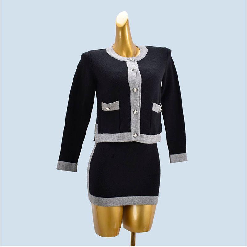 

K-style Мода Топ-труба Юбка на бретелях-спагетти Костюм Ретро Женский Контрастный цвет Вязаный кардиган Верхняя одежда Комплект из двух предметов Black