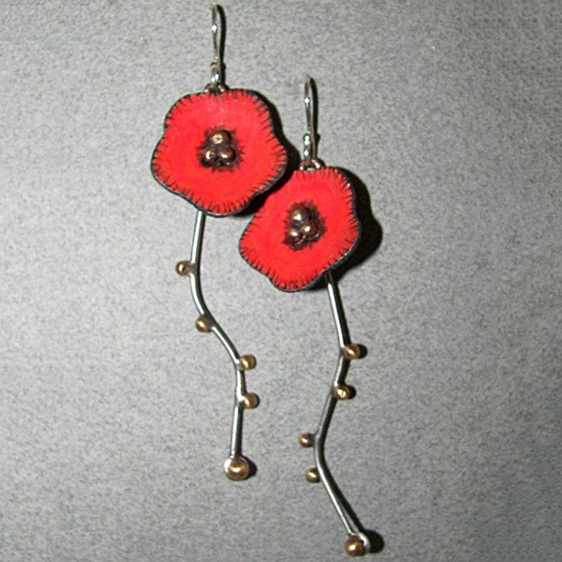 Vintage copper Color Round Red Flower Carving Dangle Earrings for Women Jewelry