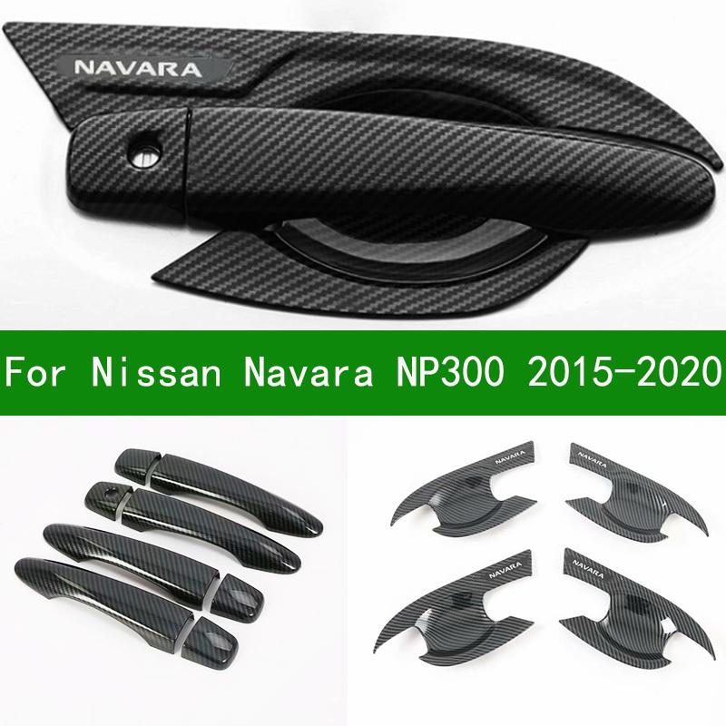 For Nissan Navara NP300 2015- Accessory Glossy Black Carbon Fibre Pattern Car Side Door Handle Bowl Covers Trim 2016 2017