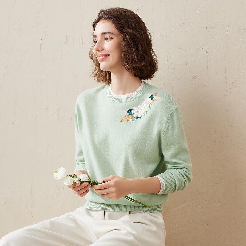 Kemengboka Women's Pure Cashmere Embroidered Color Block Sweater