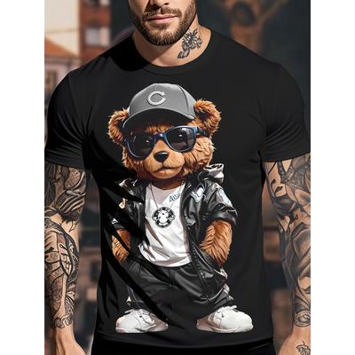Europäische Größen Herren Lustiges Grafik-T-Shirt - Cooler Teddybär mit Modebrille Urban Streetwear T-Shirt - Weiches atmungsaktives Polyesterhemd für Partys