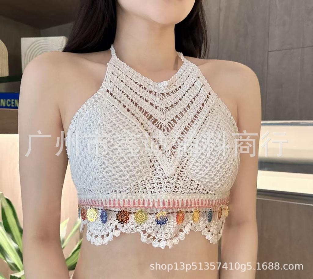 Neck small vest with chest pad, sling inside, shoulder-spilled backrest, hollow tube top, embroidered vest, women's summer short top