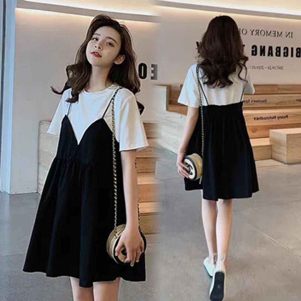 Plus Size Summer Mid-Length Maternity Babydoll Dress – Loose Fit Short Sleeve Two-Piece Look