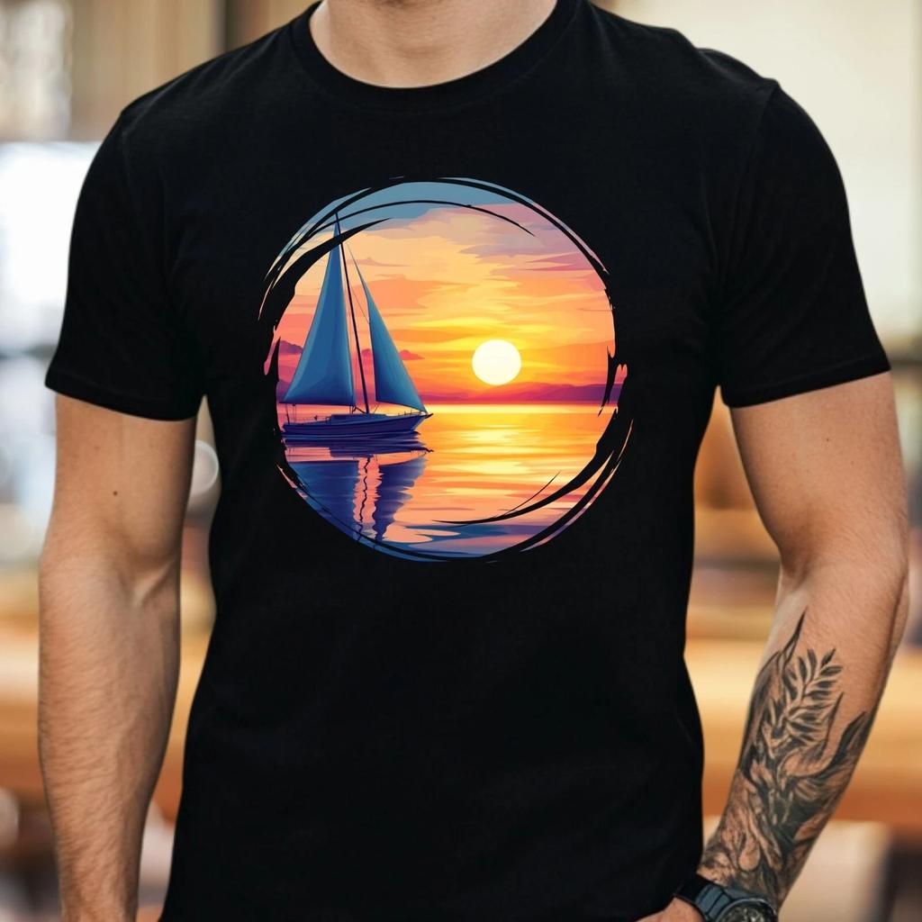 T-Shirt Herren Segelboot Sonnenuntergang Motiv Baumwolle Größe S bis 5XL