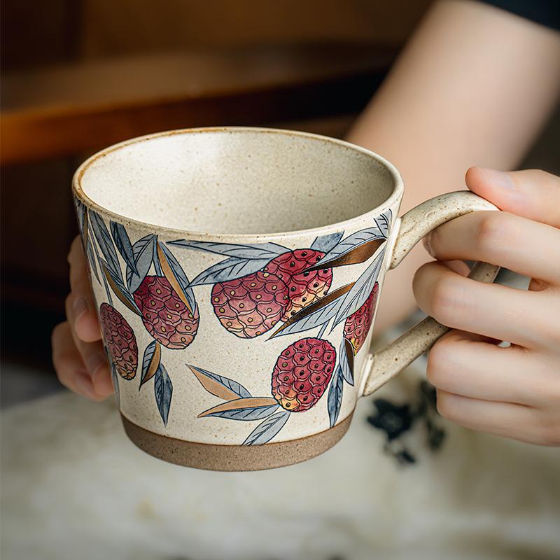 Mid-Century Modern Stoneware Mug Vintage Luxury for Latte Floral Tea Home Office Use High Aesthetic Ceramic Cup Gift