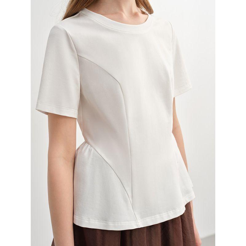 Single Beam Plus size women clothing [Wind and Lotus Swing] Princess Line Split Arc Pleated Slimming T-shirt Shoulder Top