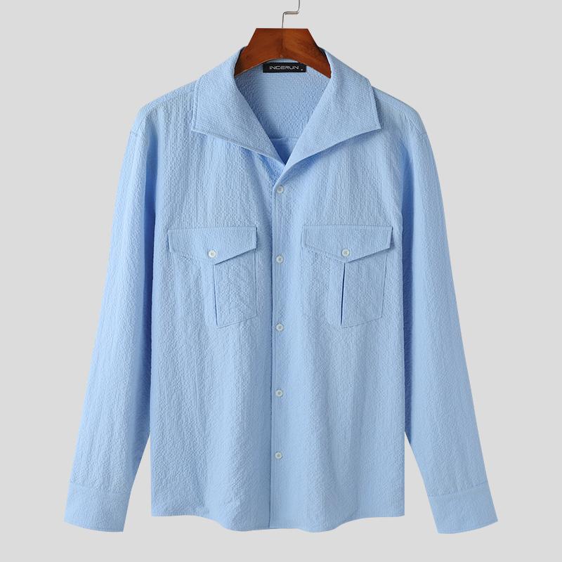 

INCERUN Мужские рубашки с длинным рукавом и лацканами, на пуговицах, с карманами, текстурированные, осенние топы S синий
