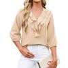 Womens Ruffled V Neck Three Quarter Sleeve Polka Dot Chiffon Blouse