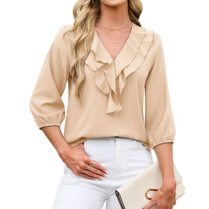 Womens Ruffled V Neck Three Quarter Sleeve Polka Dot Chiffon Blouse