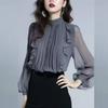 Chiffon Stand-up Collar Shirt Women's Spring and Autumn Fashion High-end Sense of Ruffled French Long-sleeved Small Shirt Top
