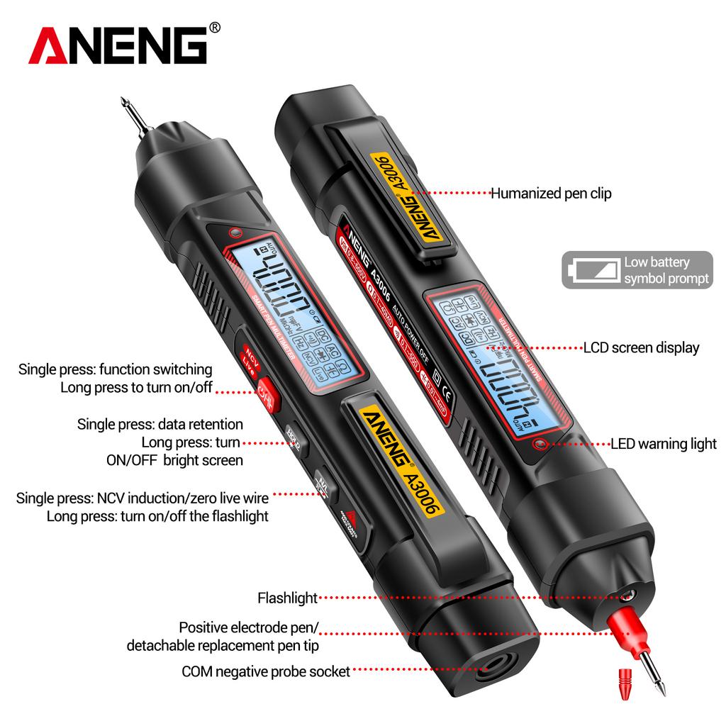 New ANENG A3006 Pen Multimeter Mini Digital 4000 Counts Professional AC/DC Voltage Ohm Diode Capacitance Resistance NCV Test Tool with Digital Display