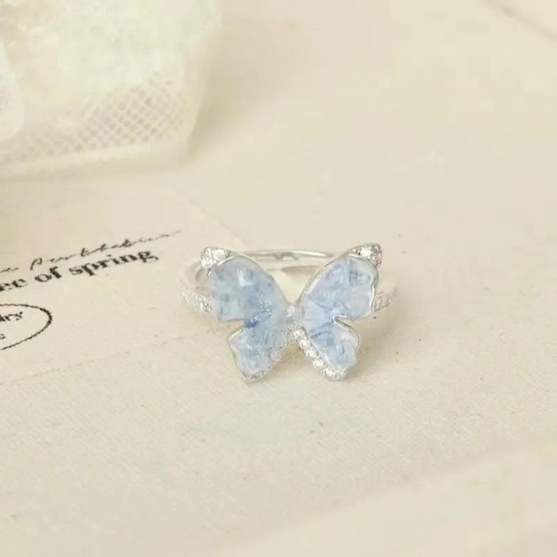 New Light Green Butterfly Sparkly Open Adjustable Ring All-match Ring Ring for Women Jewelry Resin Ring