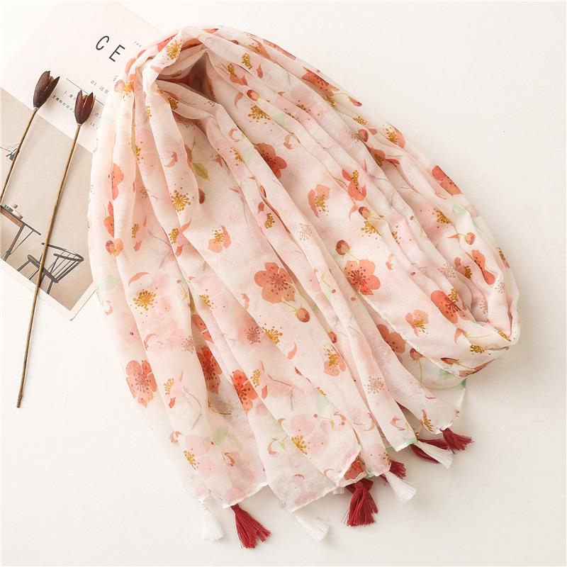 Luxury Women Viscose Scarf Designer Shawl Cotton Linen Feeling Tassel Pashmina Muslim Hijab Wrap Floral Foulard
