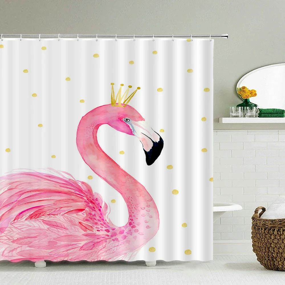 Flamingo Shower Curtains Green Leaf Bathroom Waterproof Polyester Fabric Printing Shower Curtain Decoration Bath Screen