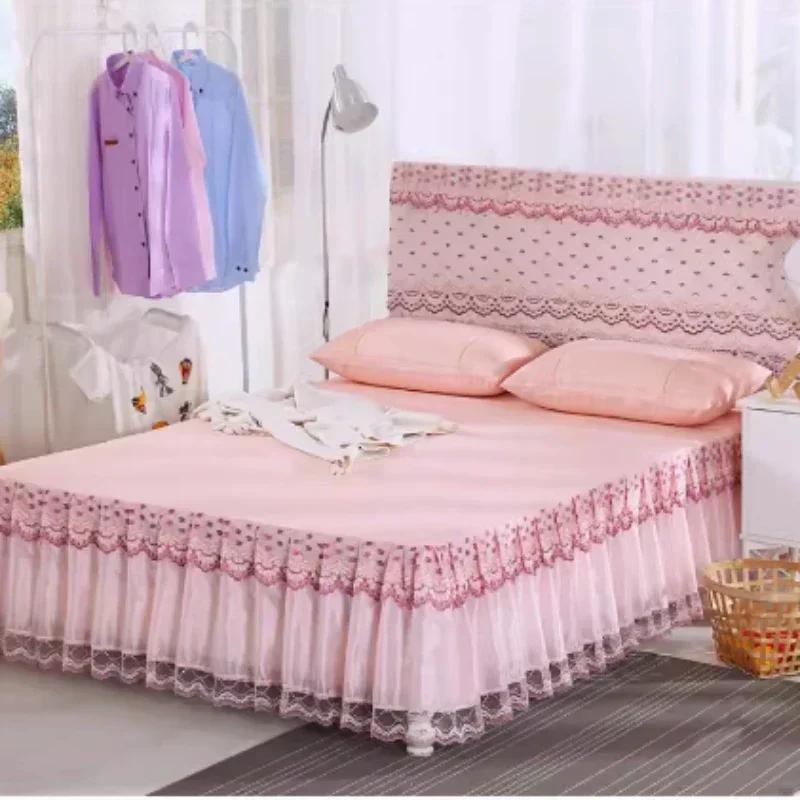 Prinzessinnenstil Bettrock Tagesdecke Einteilig Spitze Bettüberwurf Klein Frisch Rosa Anti-Rutsch und Staubdicht Bettlaken