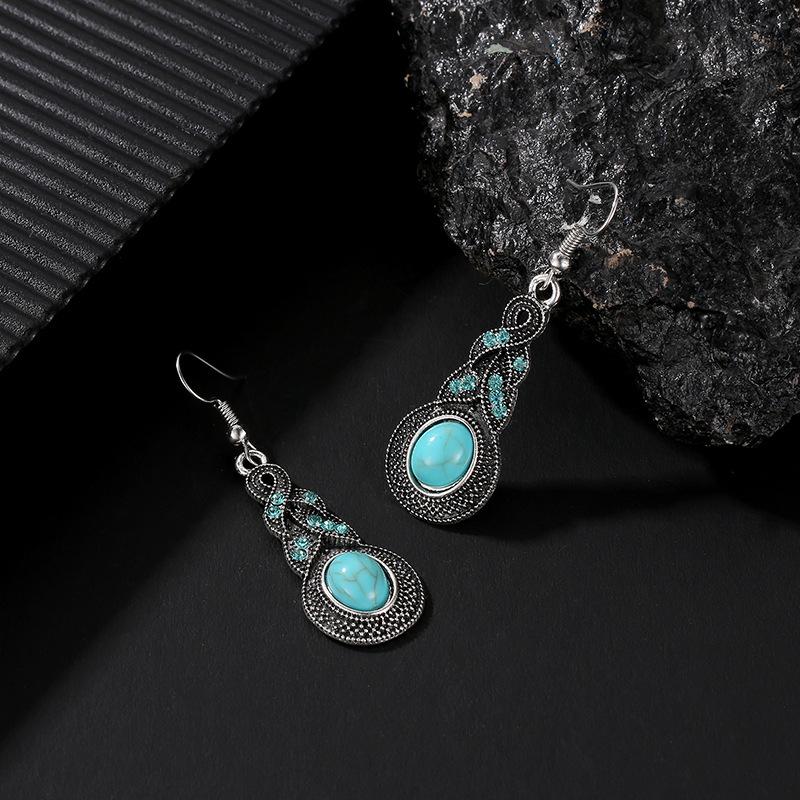 European And American New Drop Set Retro Pattern Blue Crystal Jewelry Zircon Boho Party Set Necklace Earrings