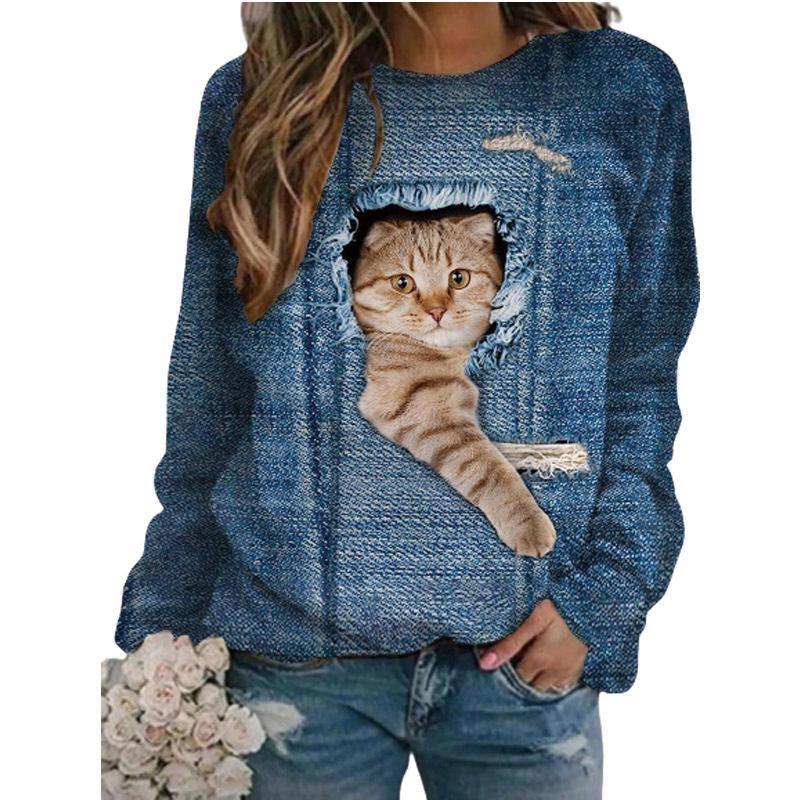 Höst 3D Katt Tryckta Sweatshirts Trendiga Casual Sport Långärmade Dam Sweatshirts