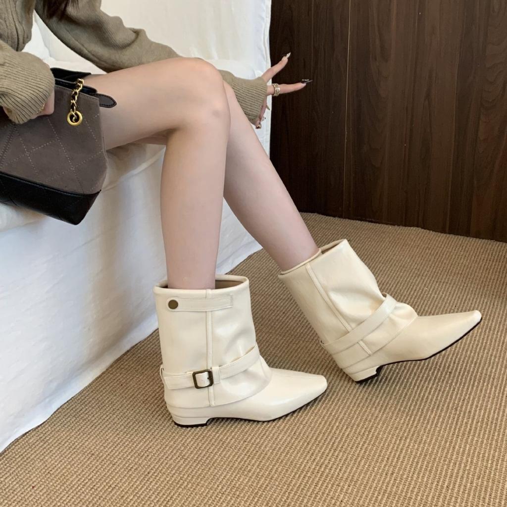 Pointed Belt Buckle Pile Short Boots Women's Autumn and Winter Suede Coarse Heel Pants Boots Knight Boots