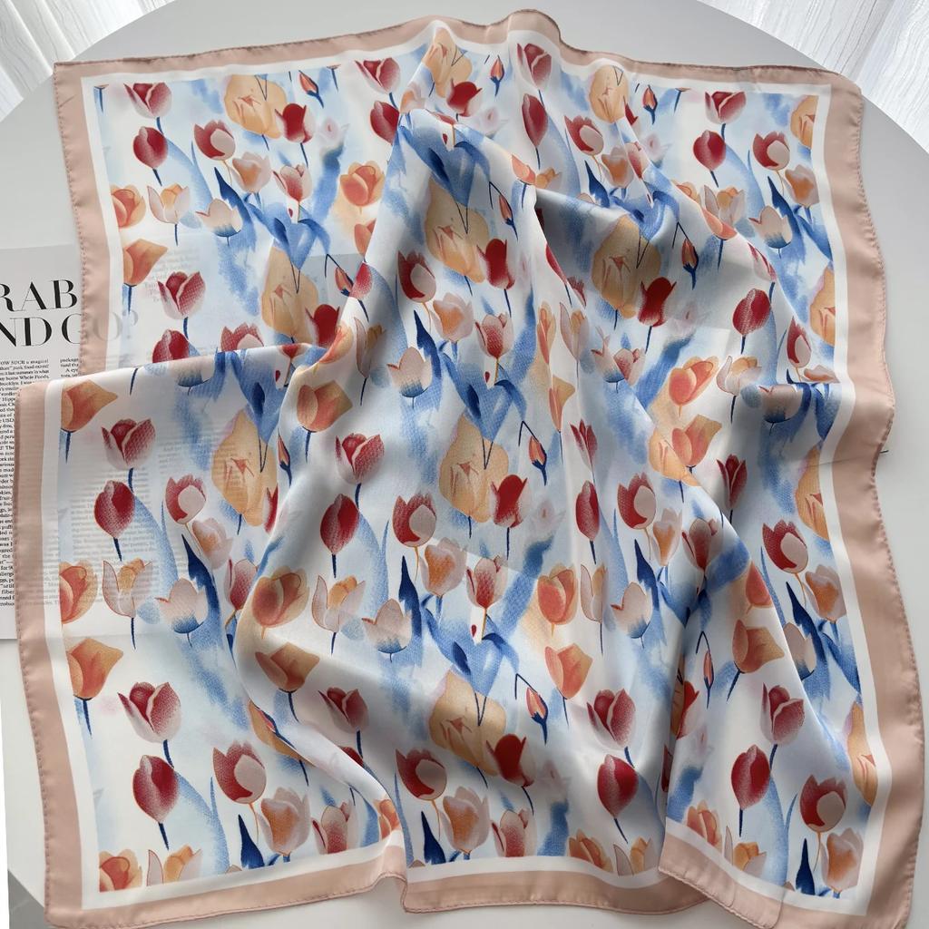 Color-blocked Print Shawl Square Scarf for Women Satin Fashion Wraps Neckerchief Female Hair Bands Ribbon Headband Bandana