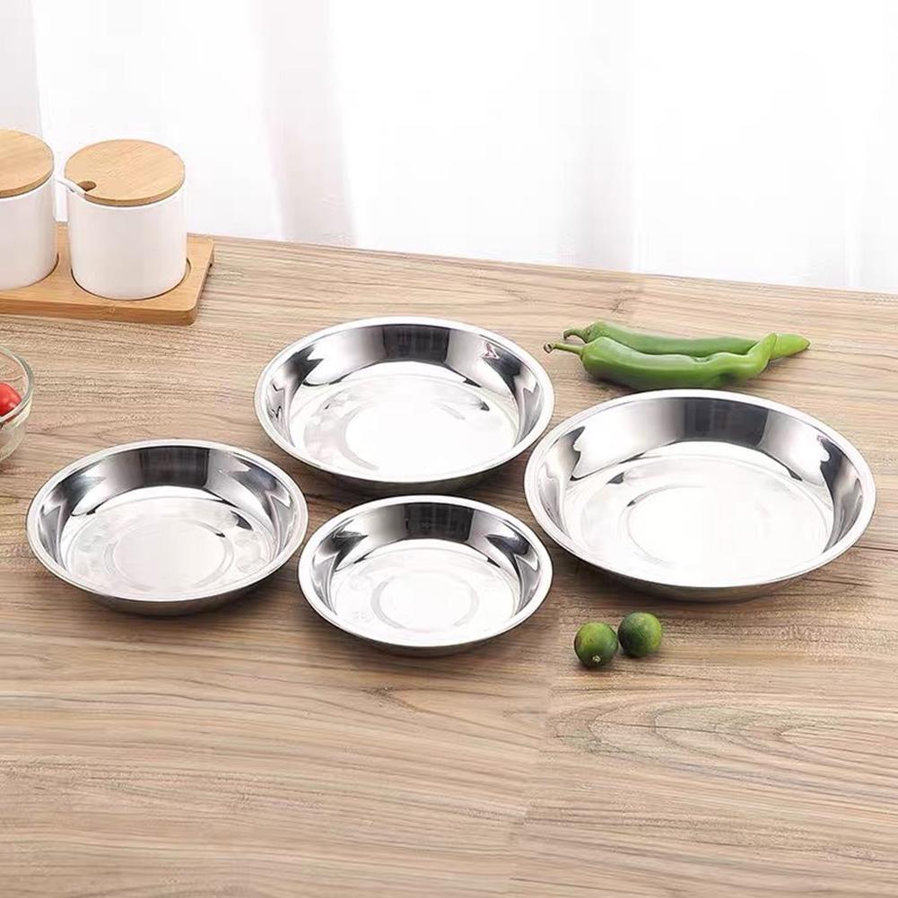 Büyük Paslanmaz Çelik Kalın Düz Yuvarlak Tabak tepsi Servis Tabağı Gümüş Servis Tepsisi Pasta Metal Derin Tabak Yemek Tabak Takımları