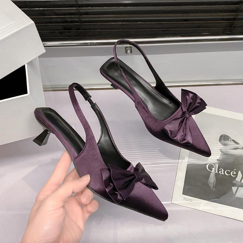 Low heel pointed head thin heel high heels women's bow temperament empty single shoes 2025 spring and summer bag head sandals women