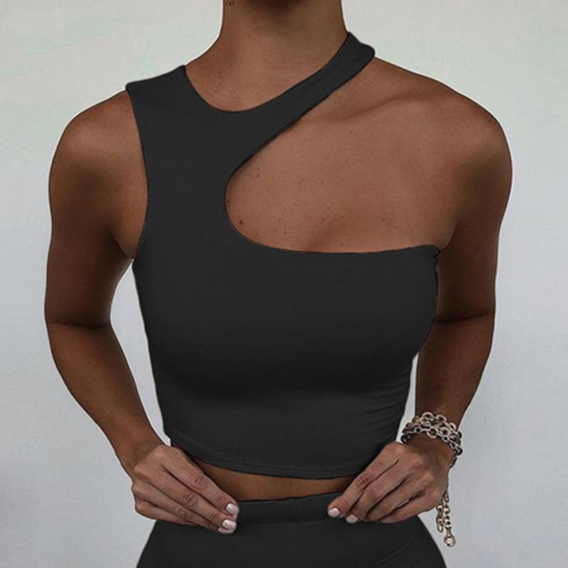 Sexy Off One Shoulder Irregular Hollow Out Sport Tank Top Halter Crop Tops Women Sleeveless Cropped Vest Camis Tube Top Female