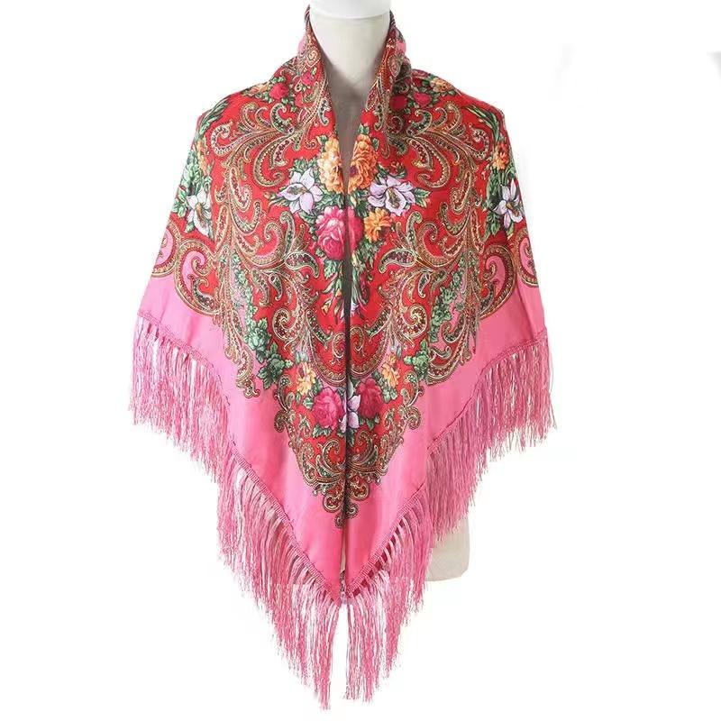 51*51In Square Women Scarf Shawl Ukrainian Embroidery Retro Fringed Cotton Print Scarves Hijab Wraps Russian Cape Bandana