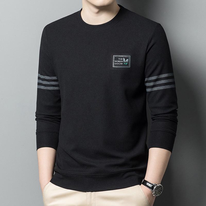 Spring New Waffle Long-sleeved T-shirt, Fashionable and Casual Men's Loose Tops and Bottoming Shirts