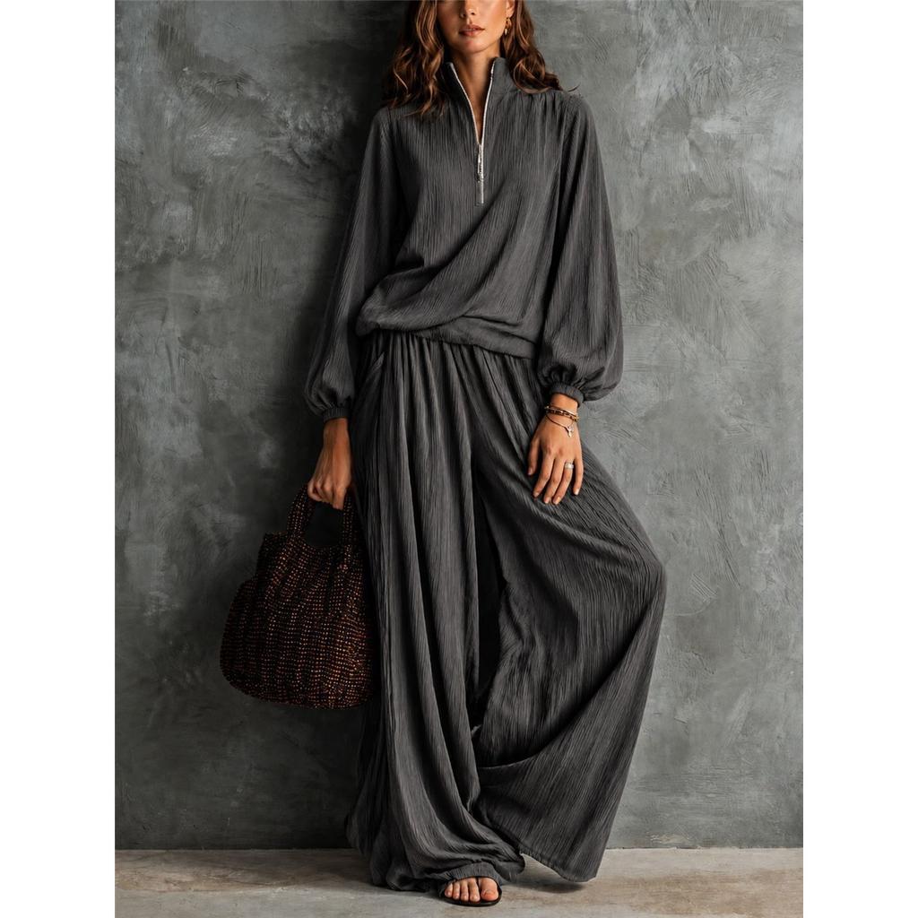 Women Half‑Zip Stand Collar Two‑Piece Outfit Lantern Long‑Sleeve Top + Elastic Waist Wide Leg Pants Loose Casual Co‑Ord Set