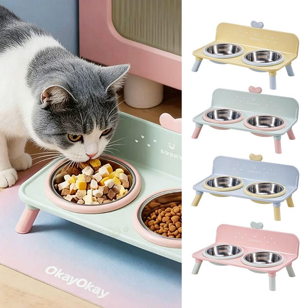 Love-heart Double Bowl Cat Bowl Stainless Steel Dog Water Bowl Cat Feeder Bowl for Puppy and Cat