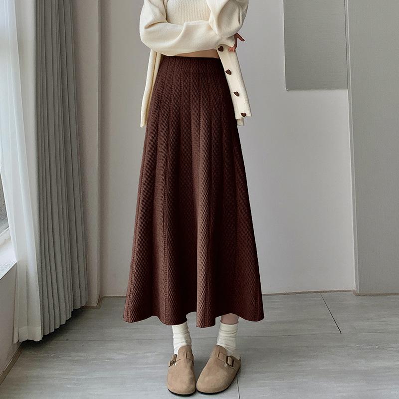 

Трикотажная юбка женская средней длины осень-зима корейская версия с высокой талией плиссированная юбка большой свободный силуэт юбка One Size кофейный