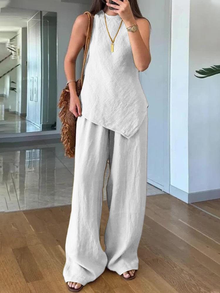 

Asymmetrical Sleeveless Top and Wide Leg Pants Set in Brown, White, Black, Green, Yellow S білий