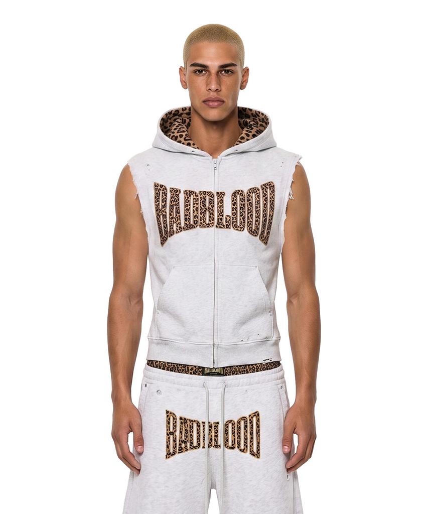 Badblood Curved Logo Sleeveless Zip-Up Hoodie - Leopard Melange