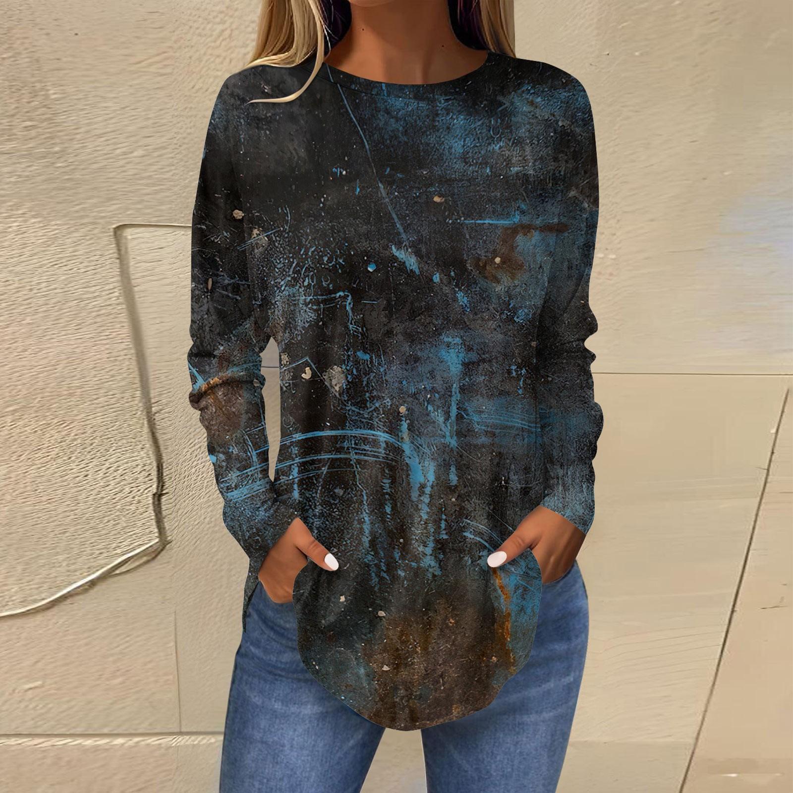 

Женская свободная футболка с длинным рукавом с круглым вырезом и принтом, верхний пуловер M чёрный