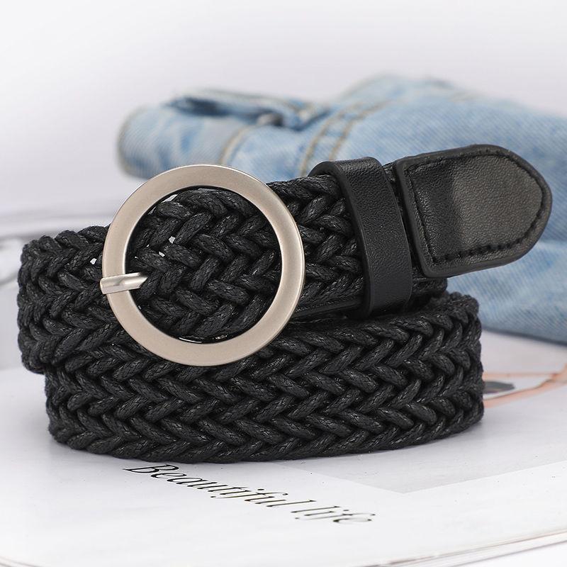 

Stylish Woven Womens Waist Belt With Round Buckle Versatile Decorative Accessory Fashion Black