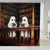 Cute Ghost Kids Shower Curtains,Black Cartoon Cat Happy Halloween Bathroom Curtain For Girls Boys,Rose Flowers Baroque Vintage