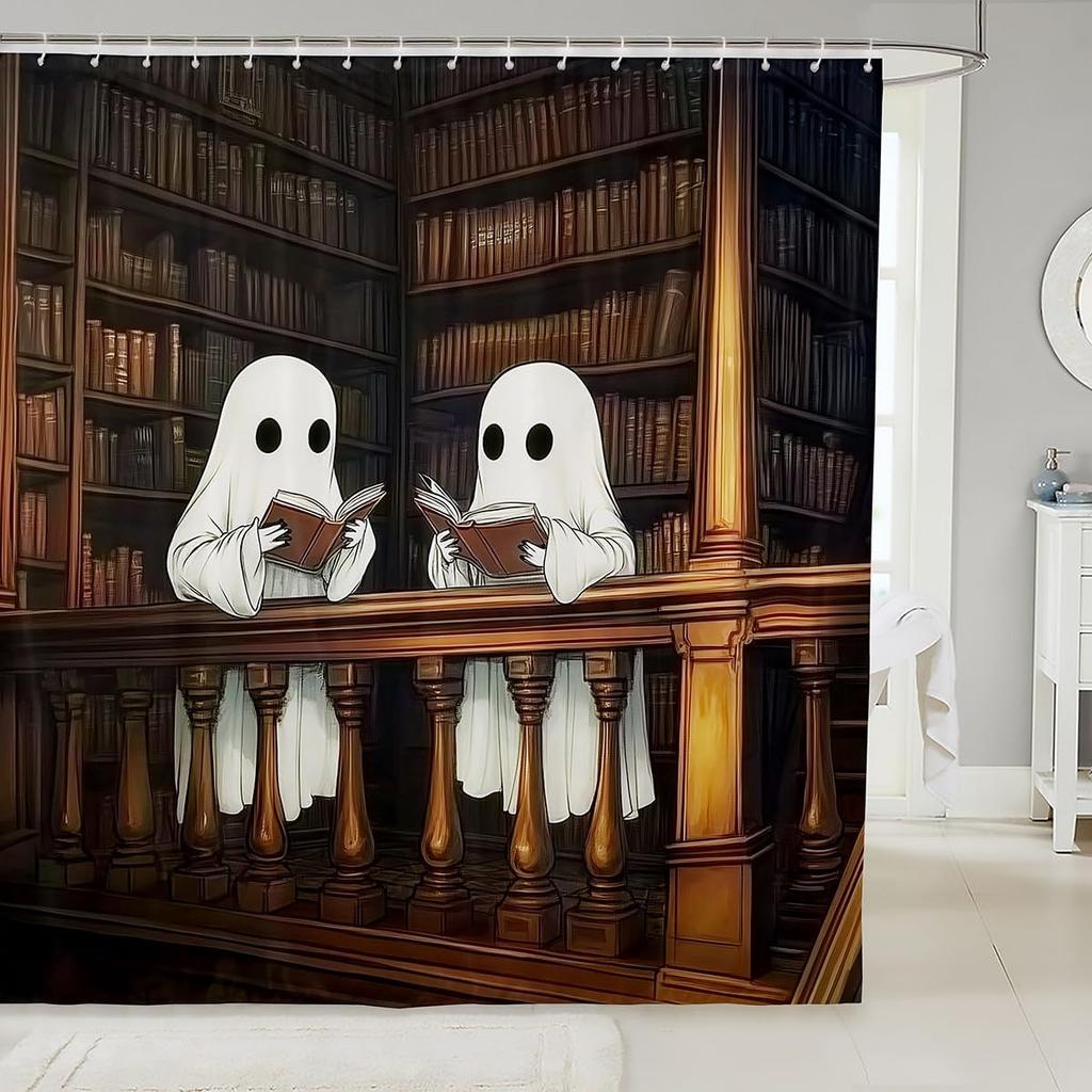 Cute Ghost Kids Shower Curtains,Black Cartoon Cat Happy Halloween Bathroom Curtain For Girls Boys,Rose Flowers Baroque Vintage