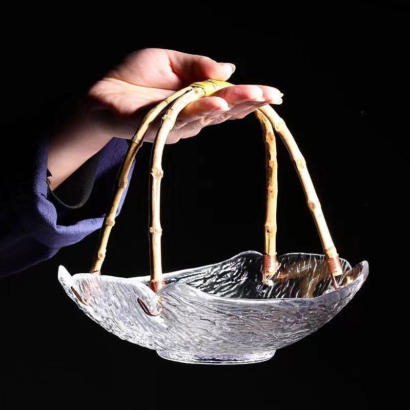 Nordic Style Rattan Glass Fruit Basket Snack Plate Retro Living Room Storage Candy Box Light Luxury Tea Table Handheld Fruit Plate